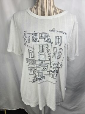 Old Navy White w/Black Line Art Of Cafe In the City Short Sleeve Tee Size Large
